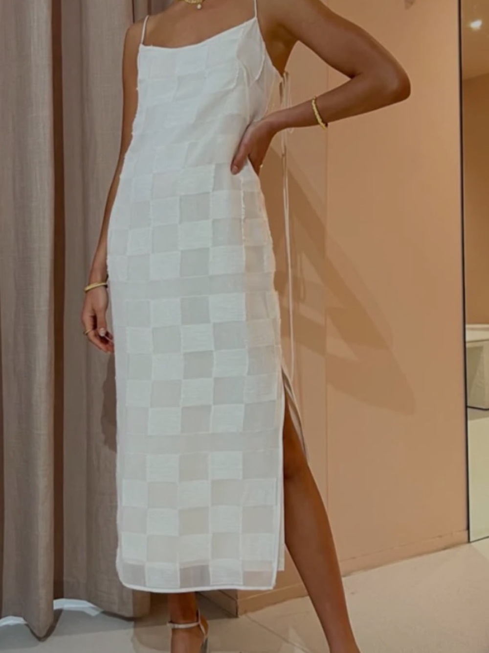 White Check-Texture Slip Midi Dress with Side Slit
